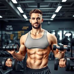 A man with an average gym body after one year of training, confidently lifting weights in a modern gym setting