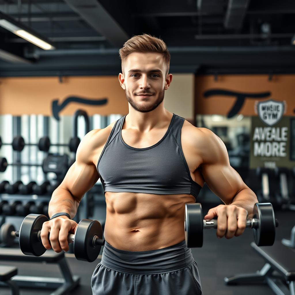 A man with an average gym body after one year of training, confidently lifting weights in a modern gym setting