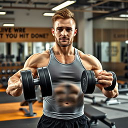 A man with an average gym body after one year of training, confidently lifting weights in a modern gym setting