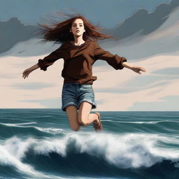 This is a high-quality digital art image that captures a teen girl with brown hair, dressed in casual clothes, suspended in the air above a tumultuous ocean