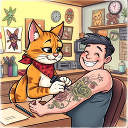 A whimsical scene featuring a cartoon-style cat, dressed as a tattoo artist, skillfully tattooing a colorful design on a customer's arm