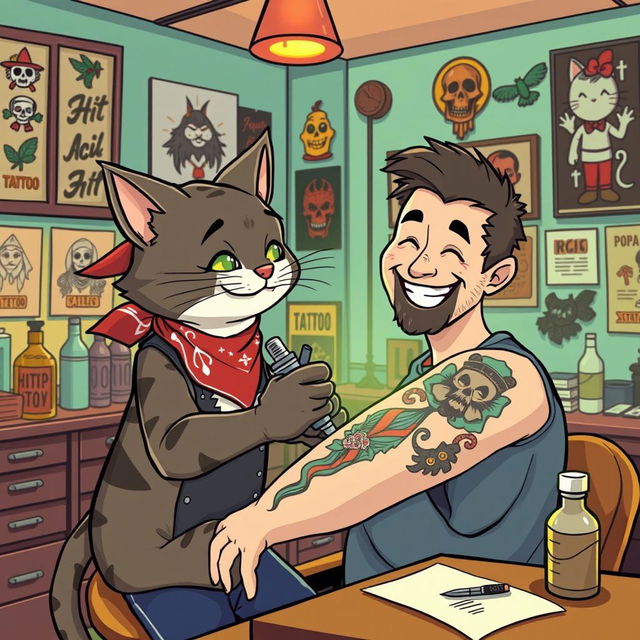 A whimsical scene featuring a cartoon-style cat, dressed as a tattoo artist, skillfully tattooing a colorful design on a customer's arm