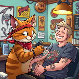 A whimsical scene featuring a cartoon-style cat, dressed as a tattoo artist, skillfully tattooing a colorful design on a customer's arm