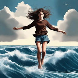 This is a high-quality digital art image that captures a teen girl with brown hair, dressed in casual clothes, suspended in the air above a tumultuous ocean