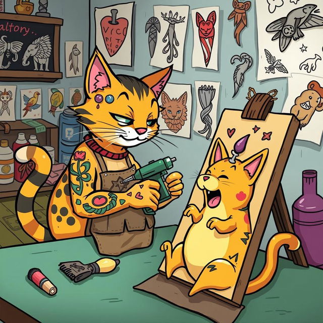 A whimsical scene depicting a cartoon cat with artistically designed tattoos, skillfully using a tattoo machine on a canvas that resembles a playful creature