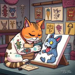 A whimsical scene depicting a cartoon cat with artistically designed tattoos, skillfully using a tattoo machine on a canvas that resembles a playful creature