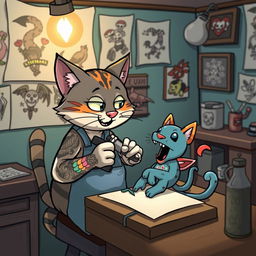 A whimsical scene depicting a cartoon cat with artistically designed tattoos, skillfully using a tattoo machine on a canvas that resembles a playful creature
