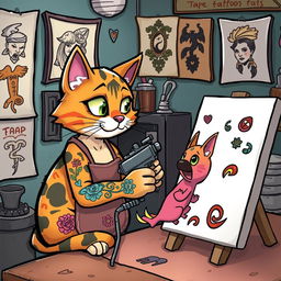 A whimsical scene depicting a cartoon cat with artistically designed tattoos, skillfully using a tattoo machine on a canvas that resembles a playful creature