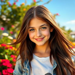 A beautiful 18-year-old brunette girl with flowing long hair, captivating green eyes, wearing a stylish casual outfit in a vibrant outdoor setting