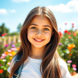 A beautiful 18-year-old brunette girl with flowing long hair, captivating green eyes, wearing a stylish casual outfit in a vibrant outdoor setting