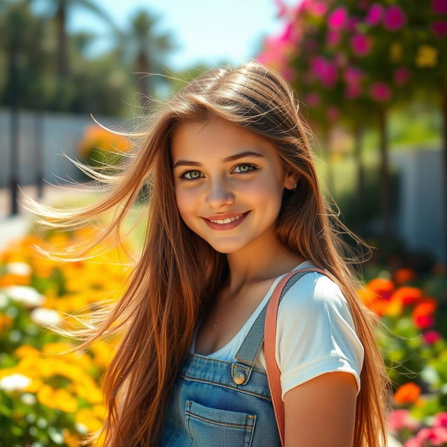 A beautiful 18-year-old brunette girl with flowing long hair, captivating green eyes, wearing a stylish casual outfit in a vibrant outdoor setting