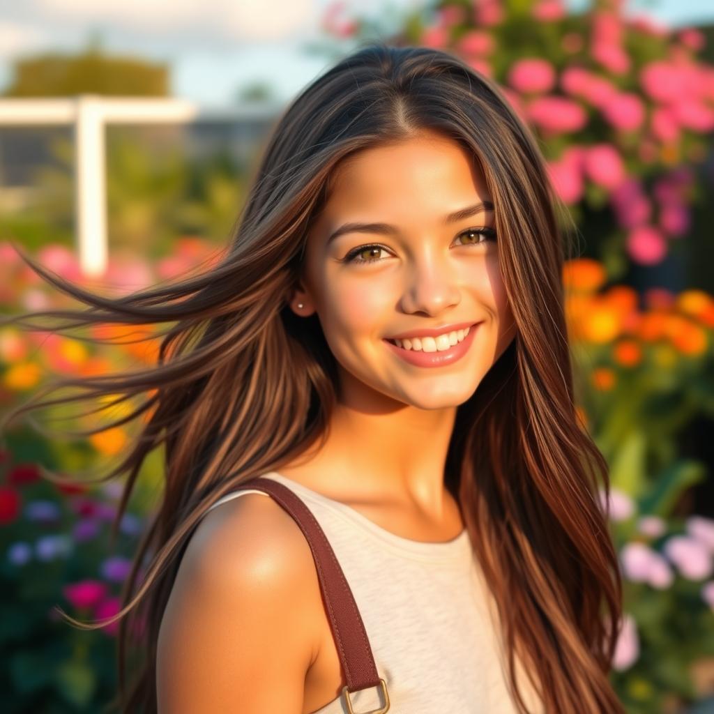 A beautiful 18-year-old brunette girl with flowing long hair, captivating green eyes, wearing a stylish casual outfit in a vibrant outdoor setting