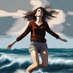 This is a high-quality digital art image that captures a teen girl with brown hair, dressed in casual clothes, suspended in the air above a tumultuous ocean