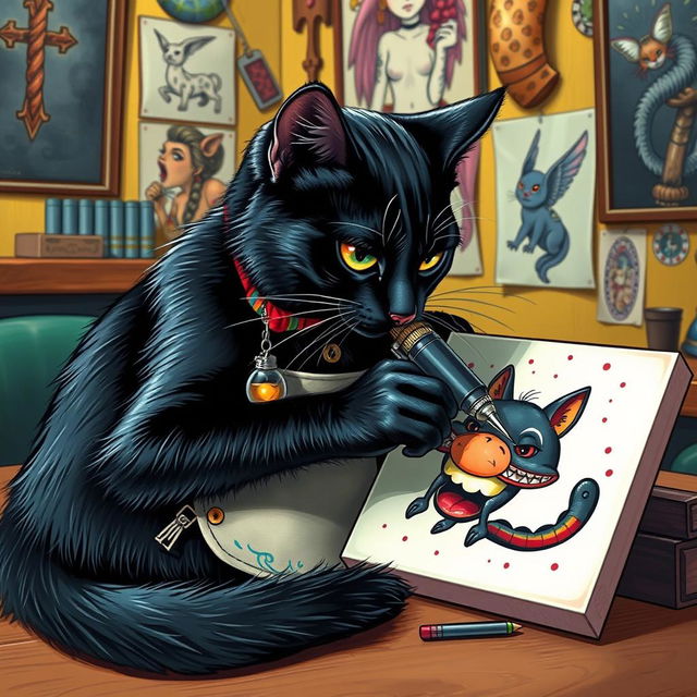 A whimsical scene featuring a sleek black cat with glossy fur, skillfully using a tattoo machine on a canvas that resembles a playful creature