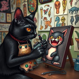 A whimsical scene featuring a sleek black cat with glossy fur, skillfully using a tattoo machine on a canvas that resembles a playful creature
