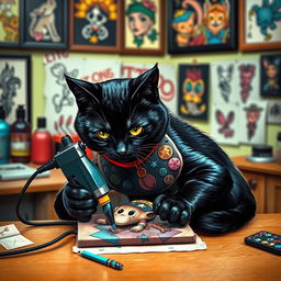 A whimsical scene featuring a sleek black cat with glossy fur, skillfully using a tattoo machine on a canvas that resembles a playful creature