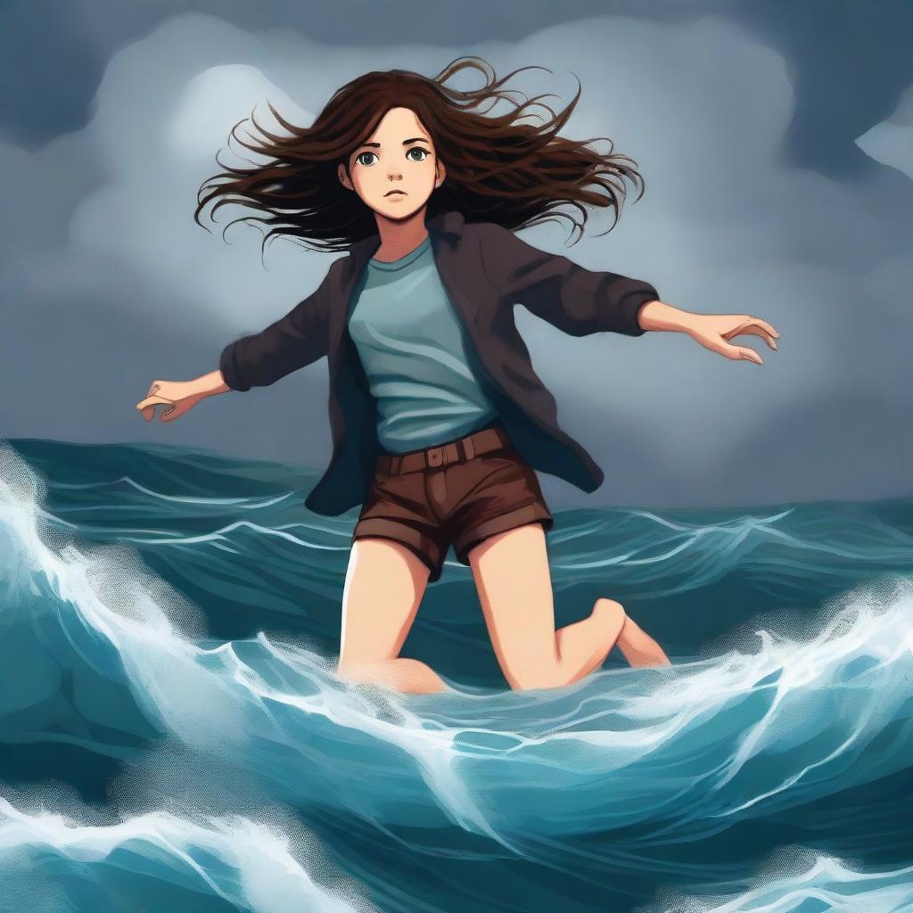 This is a high-quality digital art image that vividly portrays a teen girl with brown hair, dressed in casual clothes, floating in the air above a powerful, stormy ocean