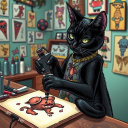 A whimsical scene featuring a sleek black cat with glossy fur, skillfully using a tattoo machine on a canvas that resembles a playful creature