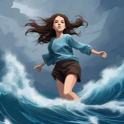 This is a high-quality digital art image that vividly portrays a teen girl with brown hair, dressed in casual clothes, floating in the air above a powerful, stormy ocean