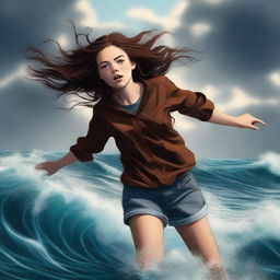 This is a high-quality digital art image that vividly portrays a teen girl with brown hair, dressed in casual clothes, floating in the air above a powerful, stormy ocean