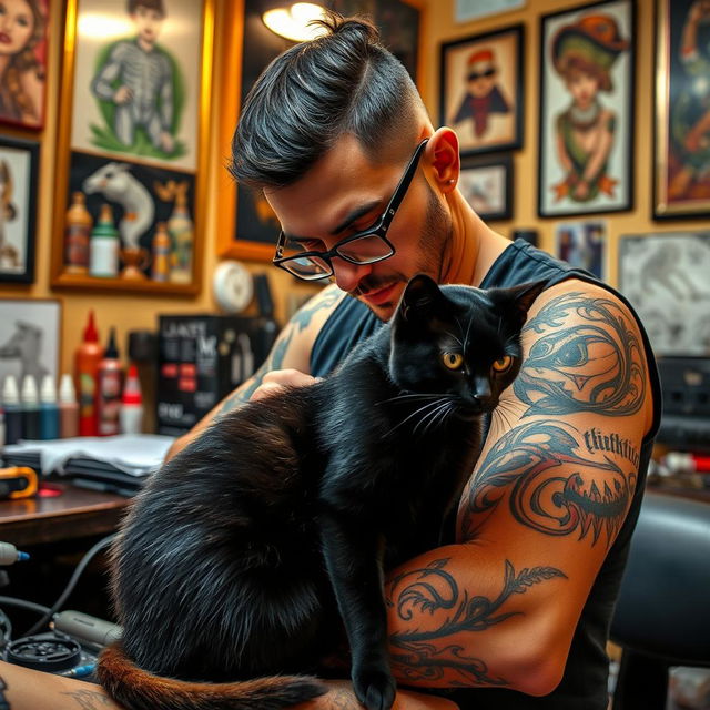 A skilled tattoo artist with a sleek black cat by their side, the artist has an intense focus on their work, surrounded by various tattoo designs and vibrant ink bottles