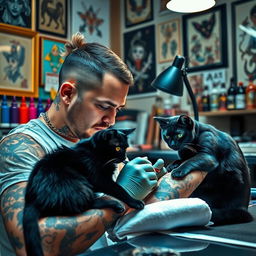 A skilled tattoo artist with a sleek black cat by their side, the artist has an intense focus on their work, surrounded by various tattoo designs and vibrant ink bottles