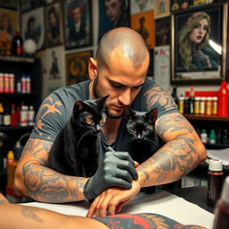 A skilled tattoo artist with a sleek black cat by their side, the artist has an intense focus on their work, surrounded by various tattoo designs and vibrant ink bottles