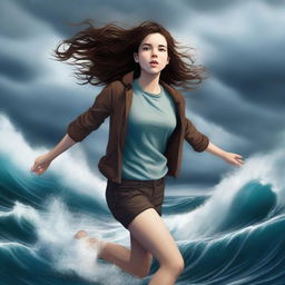 This is a high-quality digital art image that vividly portrays a teen girl with brown hair, dressed in casual clothes, floating in the air above a powerful, stormy ocean