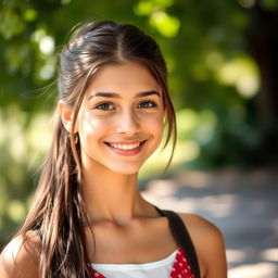 A beautiful 18-year-old brunette girl with long hair neatly tied back, showcasing her graceful features