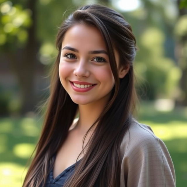 A beautiful 18-year-old brunette girl with long hair neatly tied back, showcasing her graceful features