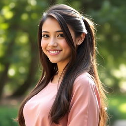 A beautiful 18-year-old brunette girl with long hair neatly tied back, showcasing her graceful features