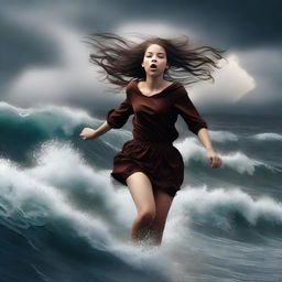 This is a striking, high-quality digital art image depicting a teen girl with brown hair, seemingly floating in the air above a turbulent, stormy ocean