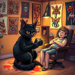 A whimsical scene featuring a black cat as a talented tattoo artist, sitting in a cozy, artsy tattoo studio