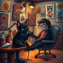 A whimsical scene featuring a black cat as a talented tattoo artist, sitting in a cozy, artsy tattoo studio
