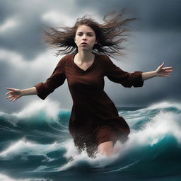 This is a striking, high-quality digital art image depicting a teen girl with brown hair, seemingly floating in the air above a turbulent, stormy ocean