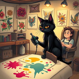 A whimsical scene featuring a black cat as a talented tattoo artist, sitting in a cozy, artsy tattoo studio