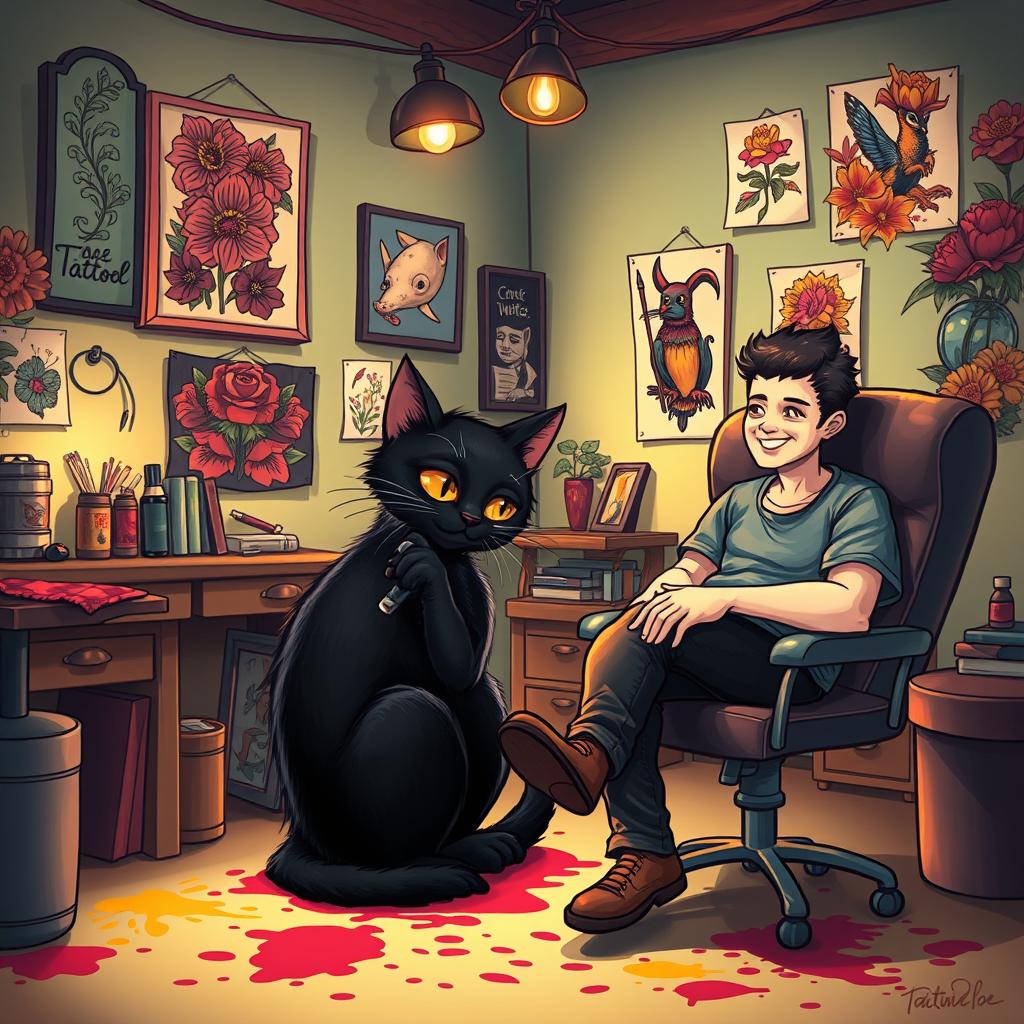 A whimsical scene featuring a black cat as a talented tattoo artist, sitting in a cozy, artsy tattoo studio