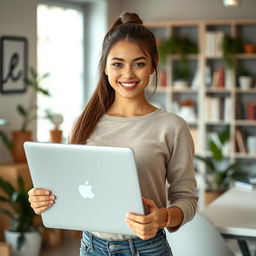 A beautiful 18-year-old brunette girl with long hair tied back, holding a laptop in her hands