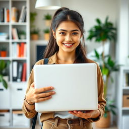 A beautiful 18-year-old brunette girl with long hair tied back, holding a laptop in her hands
