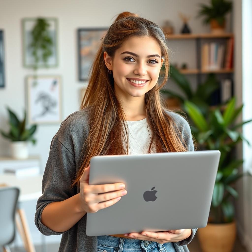 A beautiful 18-year-old brunette girl with long hair tied back, holding a laptop in her hands