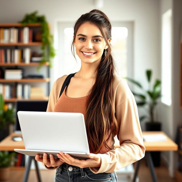 A beautiful 18-year-old brunette girl with long hair tied back, holding a laptop in her hands
