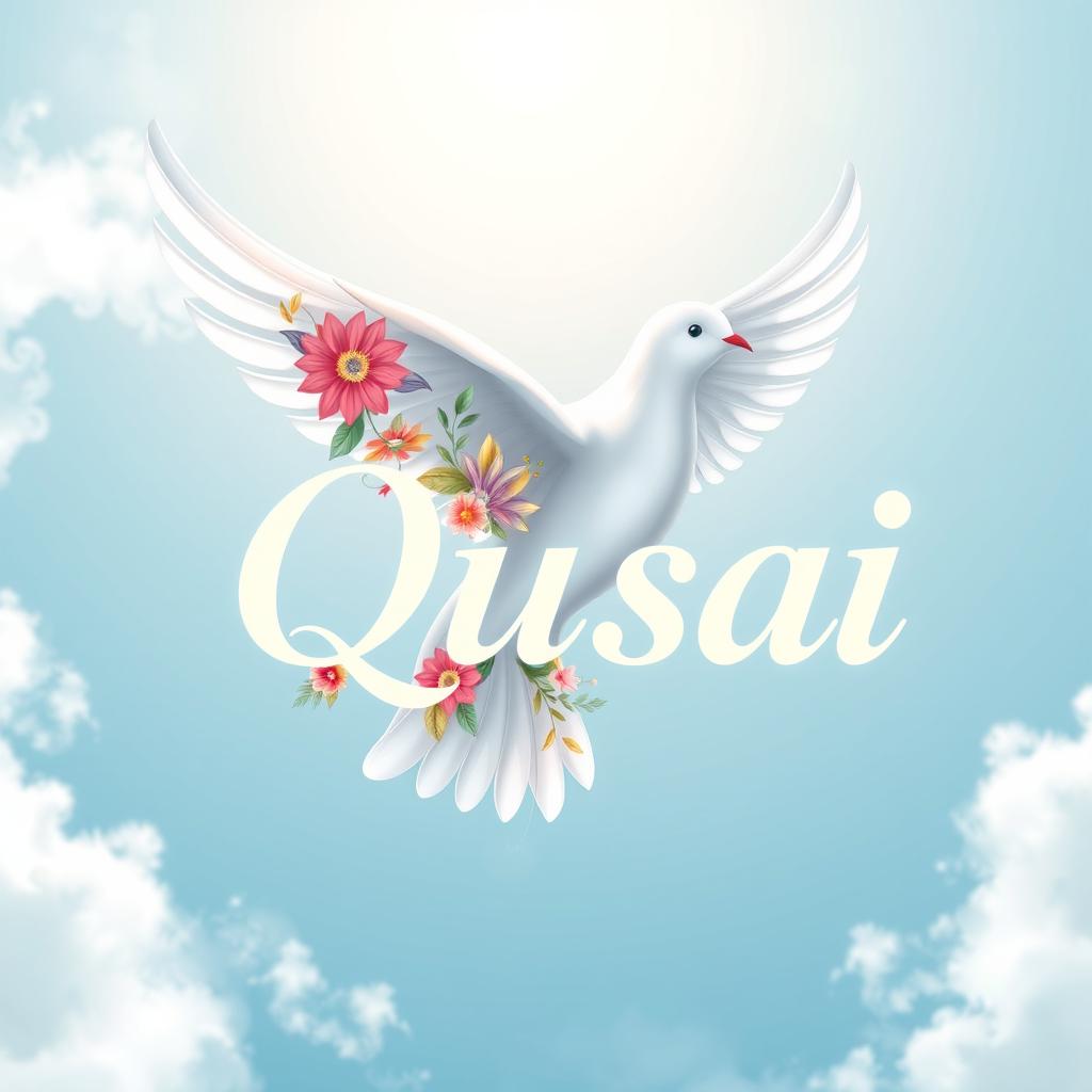 A beautiful and elegant design featuring a white dove soaring gracefully through a soft blue sky
