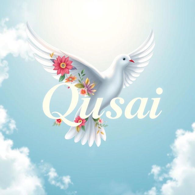 A beautiful and elegant design featuring a white dove soaring gracefully through a soft blue sky