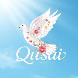 A beautiful and elegant design featuring a white dove soaring gracefully through a soft blue sky