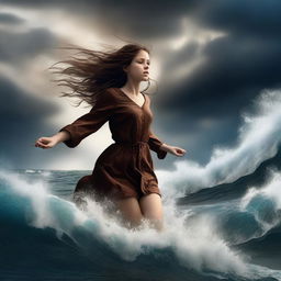 This is a striking, high-quality digital art image depicting a teen girl with brown hair, seemingly floating in the air above a turbulent, stormy ocean