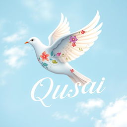 A beautiful and elegant design featuring a white dove soaring gracefully through a soft blue sky