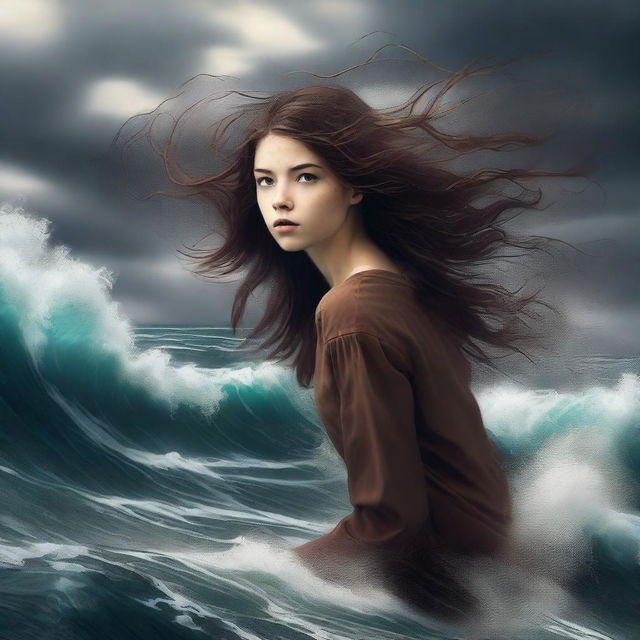 This is a striking, high-quality digital art image depicting a teen girl with brown hair, seemingly floating in the air above a turbulent, stormy ocean