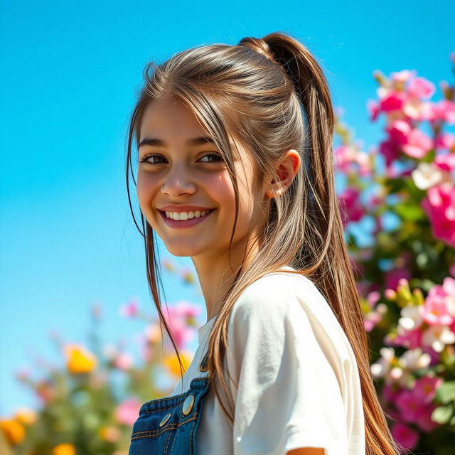 A beautiful 18-year-old brunette girl with long hair neatly tied back, featuring a bright smile and sparkling eyes