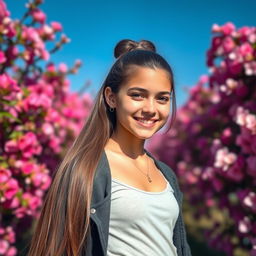 A beautiful 18-year-old brunette girl with long hair neatly tied back, featuring a bright smile and sparkling eyes