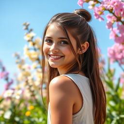 A beautiful 18-year-old brunette girl with long hair neatly tied back, featuring a bright smile and sparkling eyes